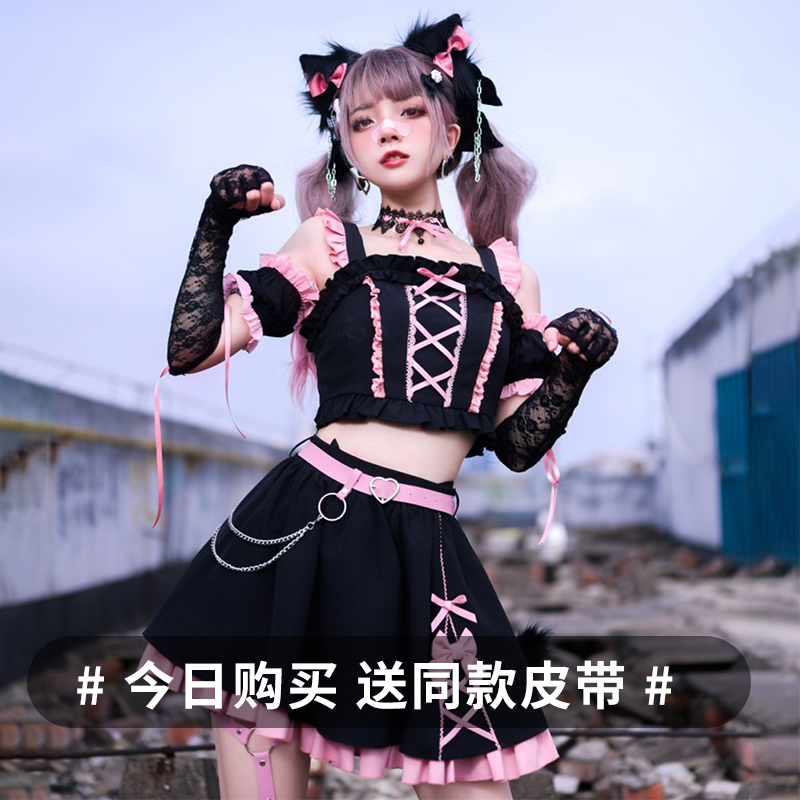 原创正版Lolita辣喵心事少女jsk朋克黑甜系洛丽塔打歌服半裙套装