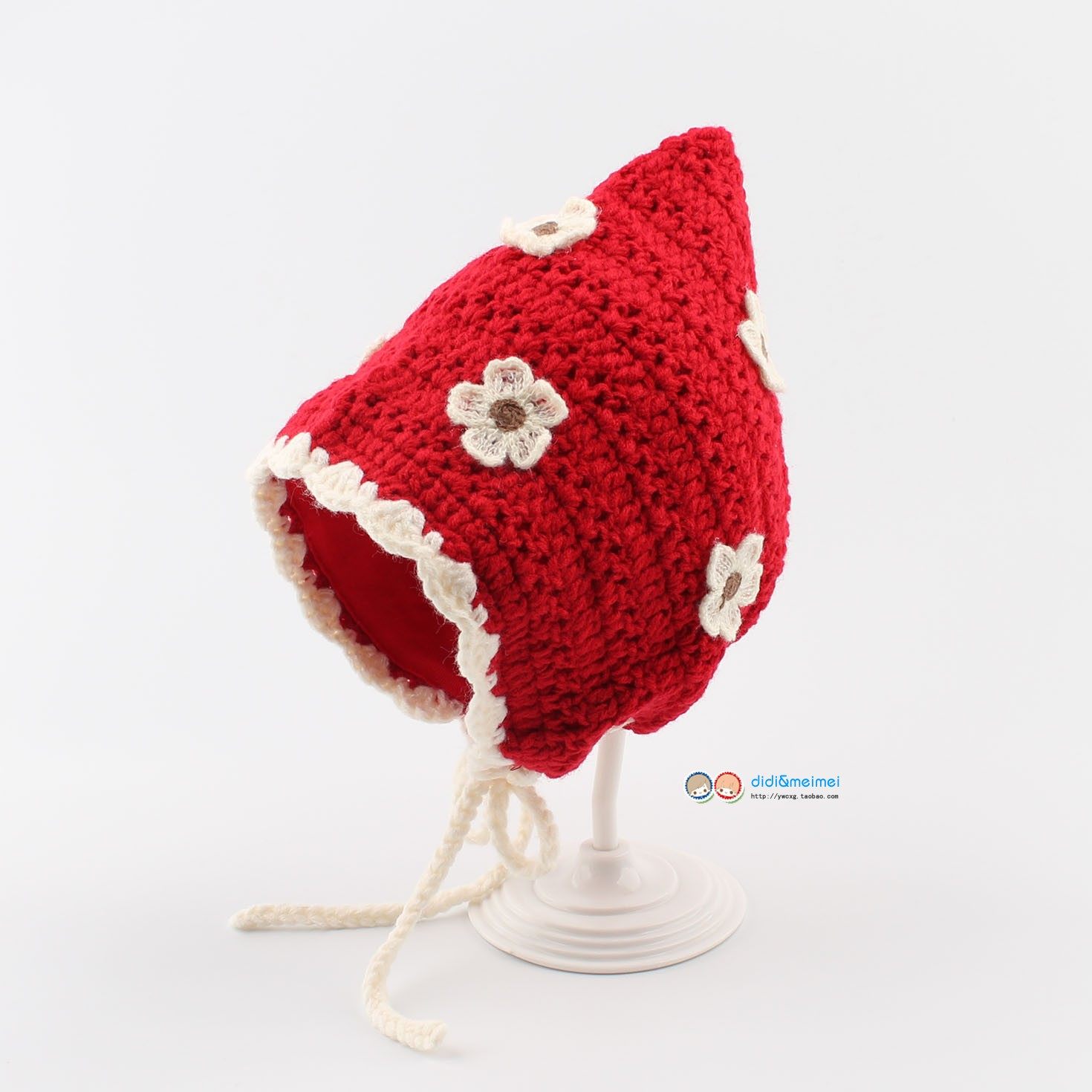 可爱童话小红帽女宝宝包头帽秋冬季甜美花朵保暖护耳儿童毛线帽子,淘宝优惠券,粉丝福利购,淘宝优惠卷