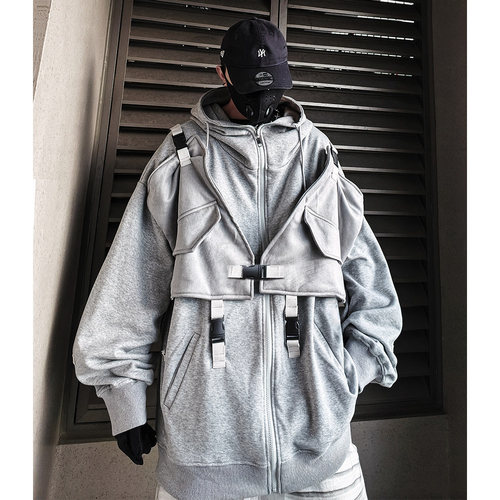 UUCSCC美式复古工装vintage重磅帽衫嘻哈高街机能连帽卫衣外套男 - 图3