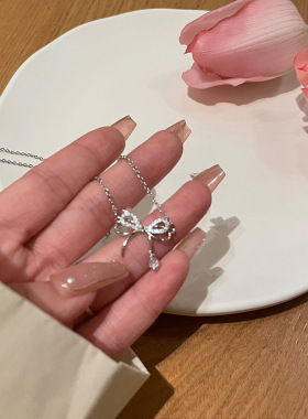 水钻蝴蝶结925纯银项链女ins潮设计感简约百搭锁骨链时尚个性配饰