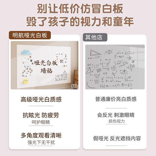 明航 哑光白板墙贴磁吸家用教学可移除不伤墙儿童画板墙面涂鸦磁力面板珐琅板加厚软小黑板展示板写字板可擦 - 图2