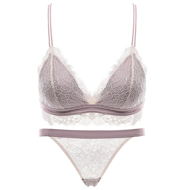 无钢圈女超薄款性感蕾丝聚拢三角杯 桐色文胸