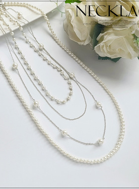 翠盈cuiying小香风时尚韩式百搭饰品仿珍珠多层长款珍珠项链L090