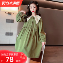 Long sleeves one-piece dress girl spring autumn 2023 new ocean gas children autumn clothes pure cotton turquored little girl green dress
