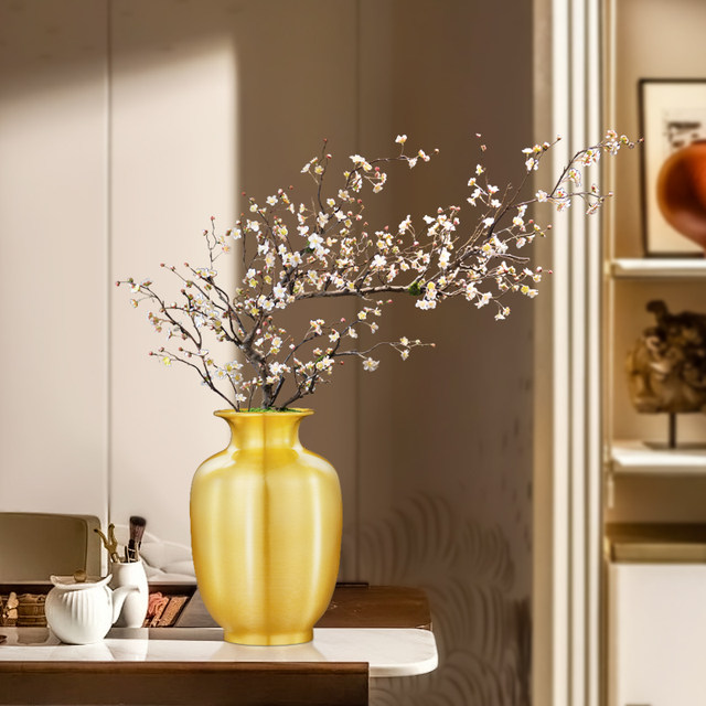 New Chinese style copper color antique pure brass winter melon vase high-end dry flower vase home decoration jade net vase