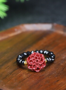 【供应链】高含量朱砂紫金砂朱砂戒指女 黑尖晶石弹力线戒圈