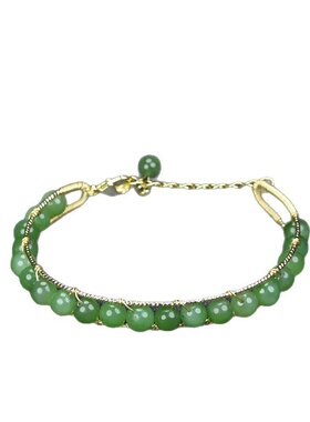 天然和田玉菠菜绿仿14k金手工缠绕圆珠女款轻奢手镯碧玉手链