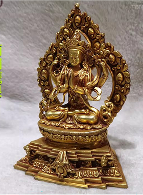 4寸四臂观音尼泊尔纯铜鎏金佛像