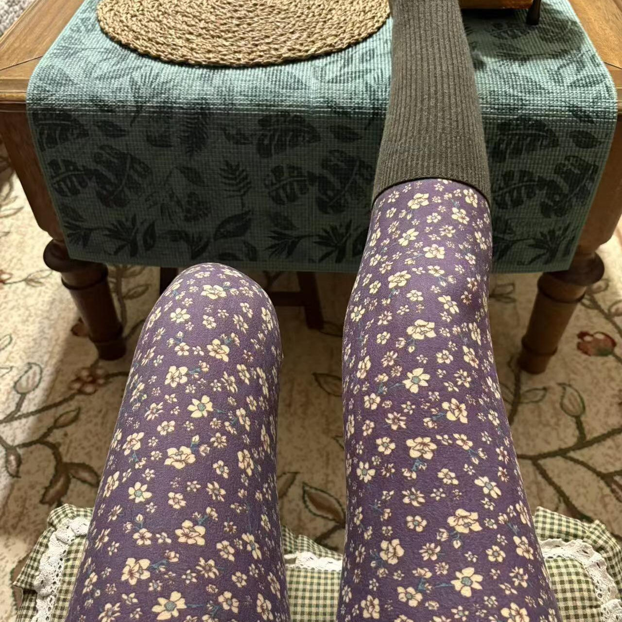 德绒秋裤女士款双面磨毛碎花裤高腰无痕款自发热不掉裆打底保暖裤