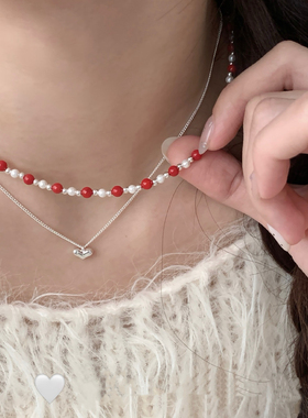 925纯银珊瑚项链女红色珠子串珠小众高级感锁骨链夏季百搭颈链