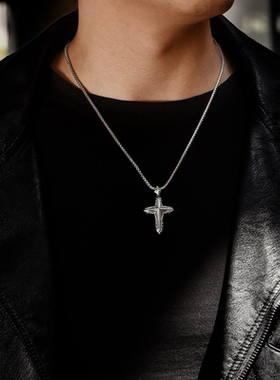 创意泰银芒星十字架项链男士潮流小众设计高级感做旧复古痞帅吊坠