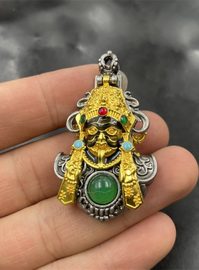 创意藏式复古藏银镶嵌绿玉髓扎基拉姆吊坠 红色玛瑙毛衣链挂件