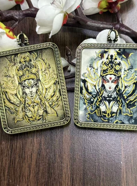 道家半手绘描金白鹤童子古铜色白鹤童子唐卡坠万字框嘎乌唐卡送绳