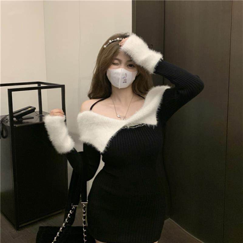 秋冬新款红色圣诞氛围感性感包臀裙子女一字肩针织毛衣连衣裙女装,淘宝优惠券,粉丝福利购,淘宝优惠卷