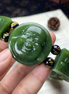 纯天然和田玉碧玉八大守护神手串 七号坑俄碧老料菠菜绿 笑佛牌头