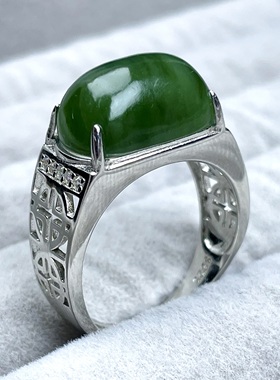 S925银镶和田玉碧玉戒指 纯天然菠菜绿蛋面扳戒重工 开口戒手饰