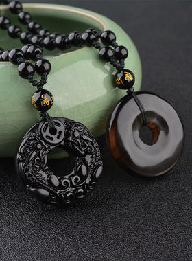 黑曜石貔貅平安扣男女个性吊坠项链简约招财复古配饰复古男士挂件