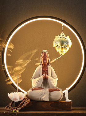 新中式陶瓷禅意观音菩萨摆件家居客厅茶室桌装饰品茶空间灯饰摆设