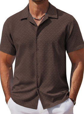 2026春夏新款美式休闲短袖衬衫男古巴领暗纹提花衬衣Men's shirts