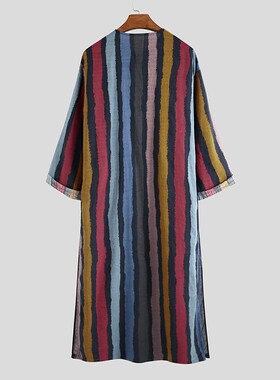 Men's one-piece shirt robe外贸长袍男春夏新款条纹印花连体衬衣