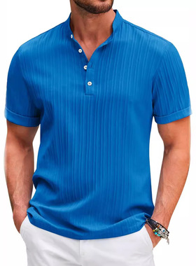 2025夏季外贸男士纯色简约V领休闲短袖条纹衬衣Men's linen shirt