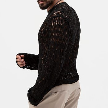 2024 Spring and Autumn European and American Sexy Knitwear Hollow Men's Bottoming Thin Sweater trendy men's knitwear