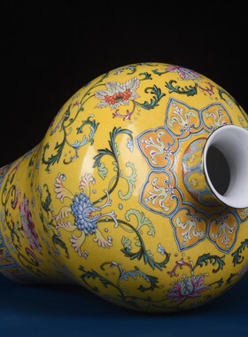 仿古珐琅彩仿清满地黄扒花缠枝莲大号描金梅瓶新中式装饰品陶瓷