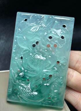 缅甸高冰飘花翡翠镂空精雕山水牌挂件吊坠男女收藏送礼