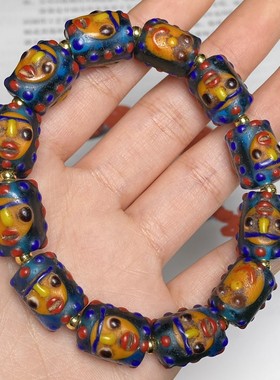 古玩收藏藏区回流老包浆琉璃脸谱手串手链蓝色琉璃手串