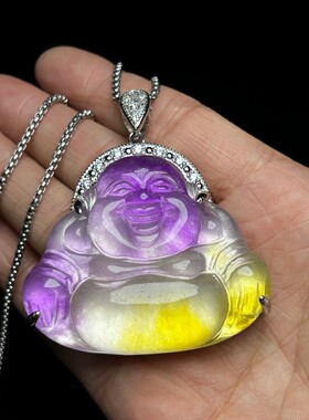 翠玉笑佛冰种黄翠玉佛公项链紫罗兰弥勒佛吊坠女银镶玉挂件