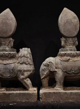 古玩旧藏石雕青石文殊普贤坐象摆件家居客厅办公室装饰品工艺品