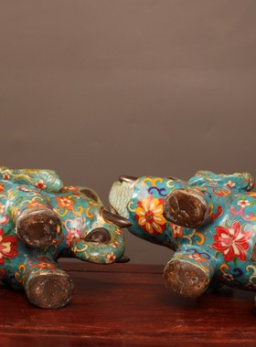 古玩旧藏纯铜掐丝珐琅彩景泰蓝大象一对办公桌面摆件复古老物件