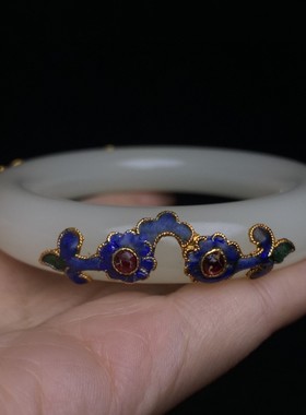 古玩收藏仿古鎏金镶嵌白玉手镯手环套盒配盒子家居装饰摆件工艺品