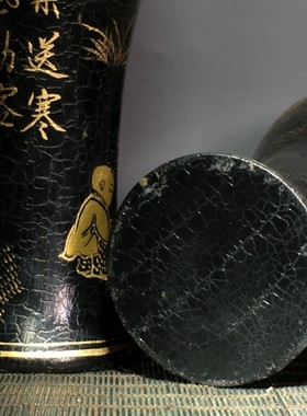 古玩旧藏漆器描金童子梅瓶摆件家居客厅办公室装饰品工艺品