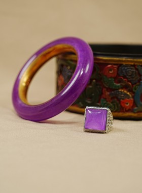 古玩漆器盒紫罗兰圆条内包金手镯戒指摆件居家堂用品文玩收藏品