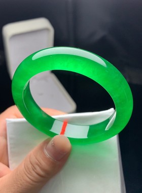 缅甸翡翠高档冰透帝王绿冰种圆条女士玉石手镯精品满绿色翡翠镯子