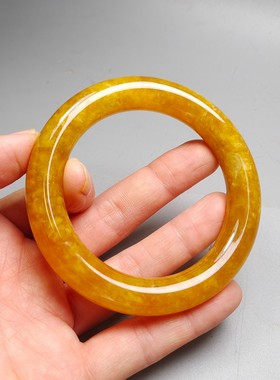 缅甸翡翠冰糯种黄翡玉石冰糯种满色黄翡圆条手镯女款 玉镯子