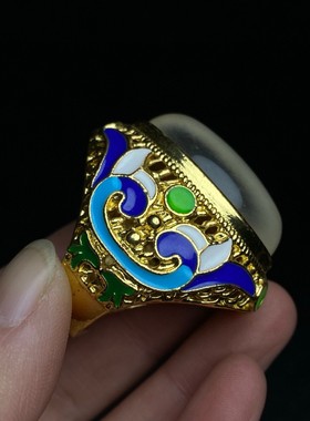 复古景泰蓝镶猫眼石戒指猫眼石嵌铜托活口女款戒指配饰配漆器盒