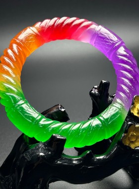 精品老翡翠色高冰紫罗兰麻花玉手镯冰种春彩三色男女款龙珠玉手环