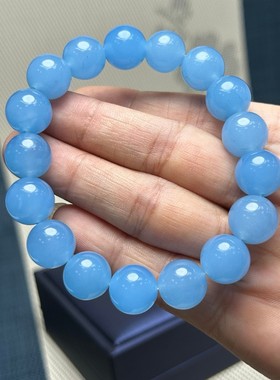 冰种蓝玉石英岩质手链男女款淡蓝色大海蓝色水晶手串饰品礼物