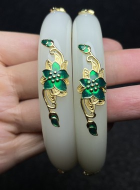 古玩收藏老白玉包金圆条手镯精品正圆女款玉镯子玉手环套装一套