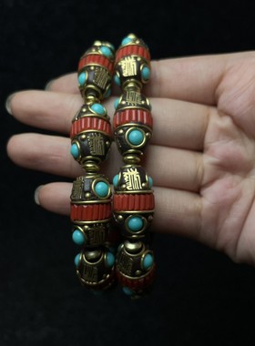 古玩旧藏花梨木镶螺钿首饰盒内珍藏尼泊尔回流手串手链一套