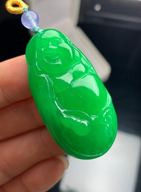 缅甸翡翠满绿自在佛公满绿冰糯种满绿弥勒佛吊坠正阳绿缅甸玉佛公