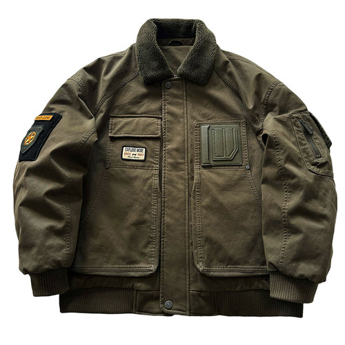 美式复古巴恩风羊羔毛领MA1空军飞行夹克外套工装羽绒服90绒保暖 - 图3