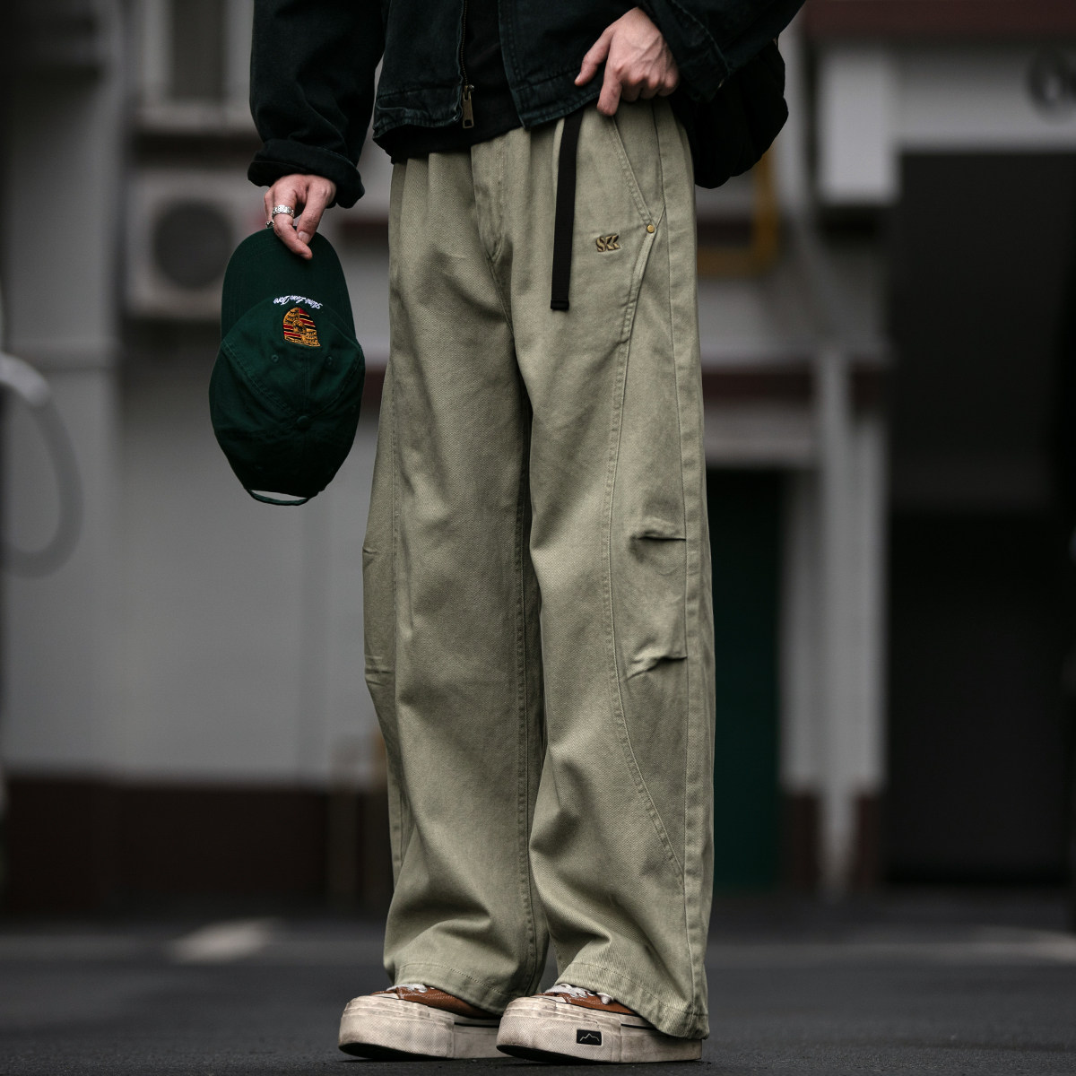 重磅380G水洗做旧弧线弯刀工装裤男秋冬宽松双褶纯棉直筒抽绳长裤,淘宝优惠券,粉丝福利购,淘宝优惠卷