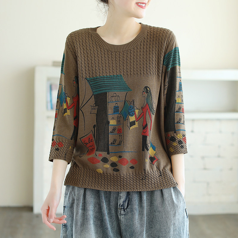 螺纹圆领棉线七分袖针织衫春季t恤 花概念毛针织衫