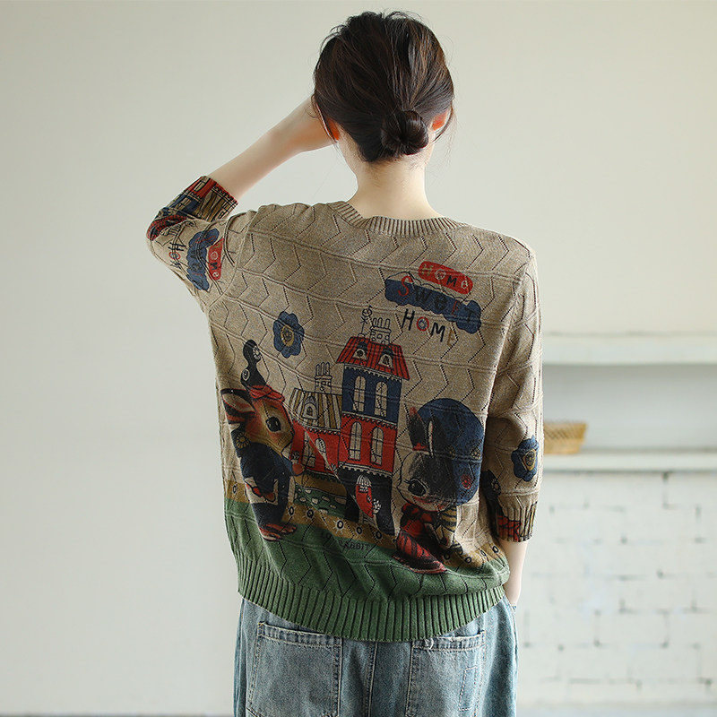 镂空明线圆领棉线七分袖针织衫t恤 花概念T恤