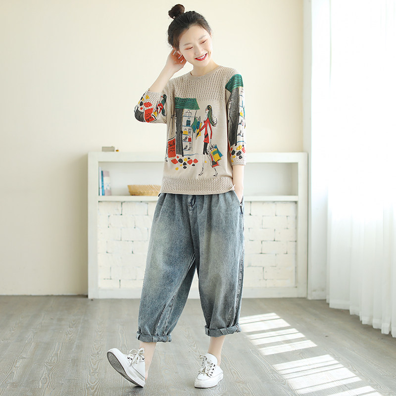 螺纹圆领棉线七分袖针织衫春季t恤 花概念毛针织衫