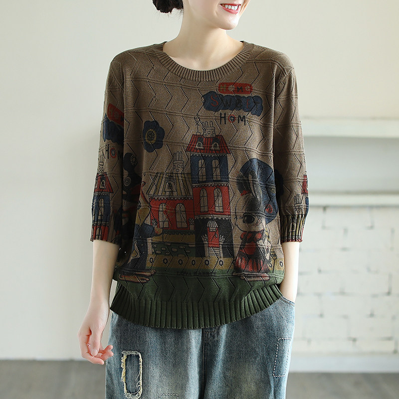 镂空明线圆领棉线七分袖针织衫t恤 花概念T恤