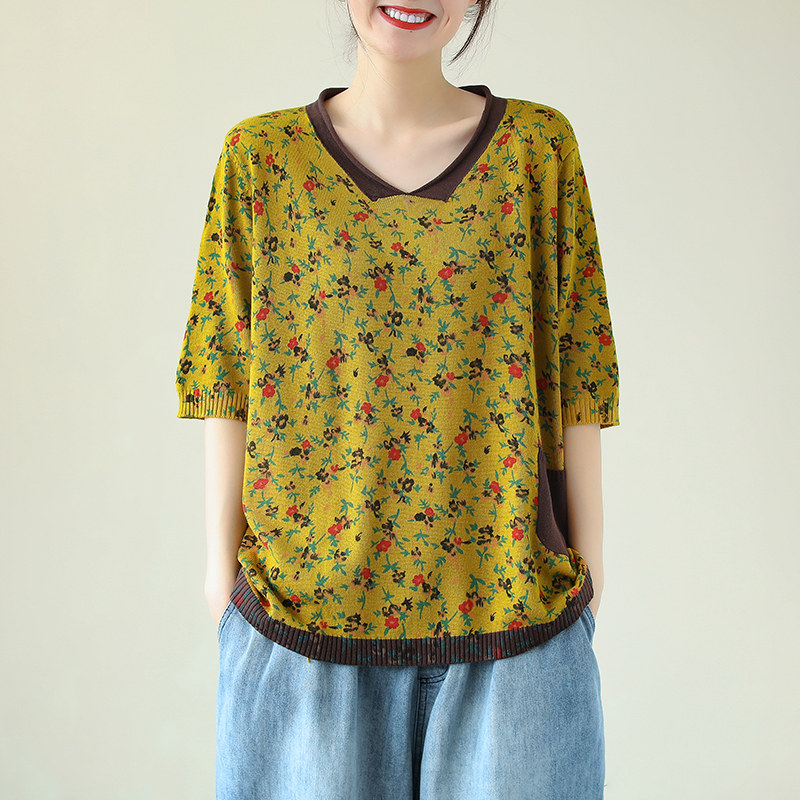 花概念五分中袖针织衫夏季宽松t恤 花概念T恤